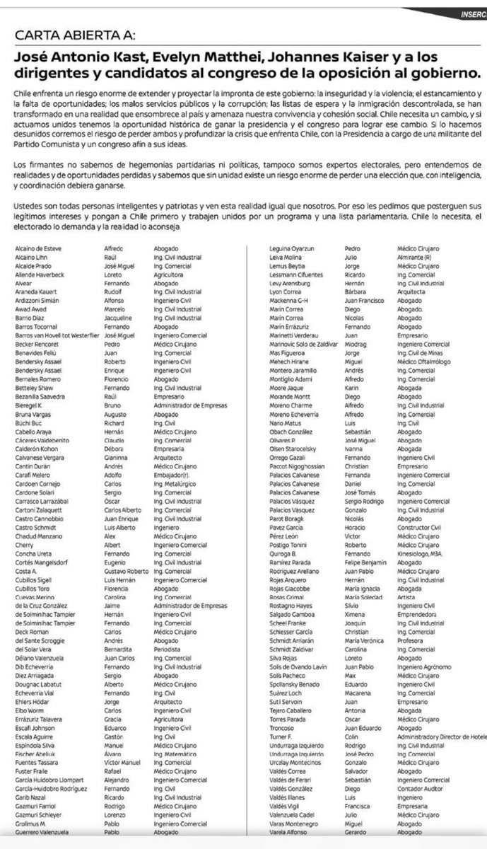 La sociedad civil organizada le envía una carta, a través del diario, a Evelyn Matthei, José Antonio Kast, Johannes Kaiser y a los dirigentes de la oposición. Básicamente se les pide unidad para las próximas elecciones y así no caer en manos del comunismo