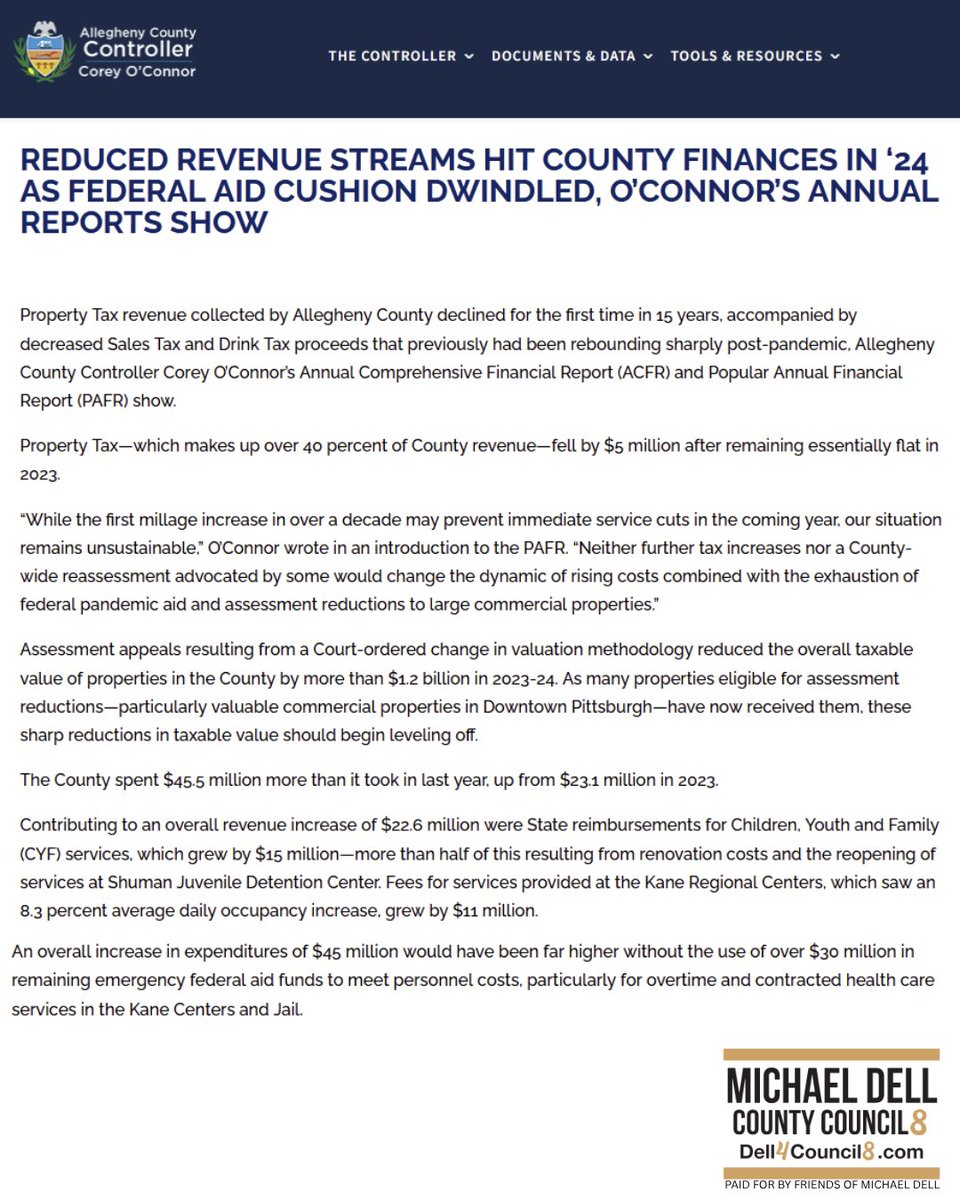 dell4council8's tweet image. Allegheny County’s revenue streams are shrinking. As a result, Pittsburgh is facing tough financial times ahead.
❗ Shrinking tax base
❗ Budget shortfalls
❗ Increased risk to taxpayers
Mike Dell is a CPA who knows how to fix budgets - not raise taxes. It's time for fiscal…