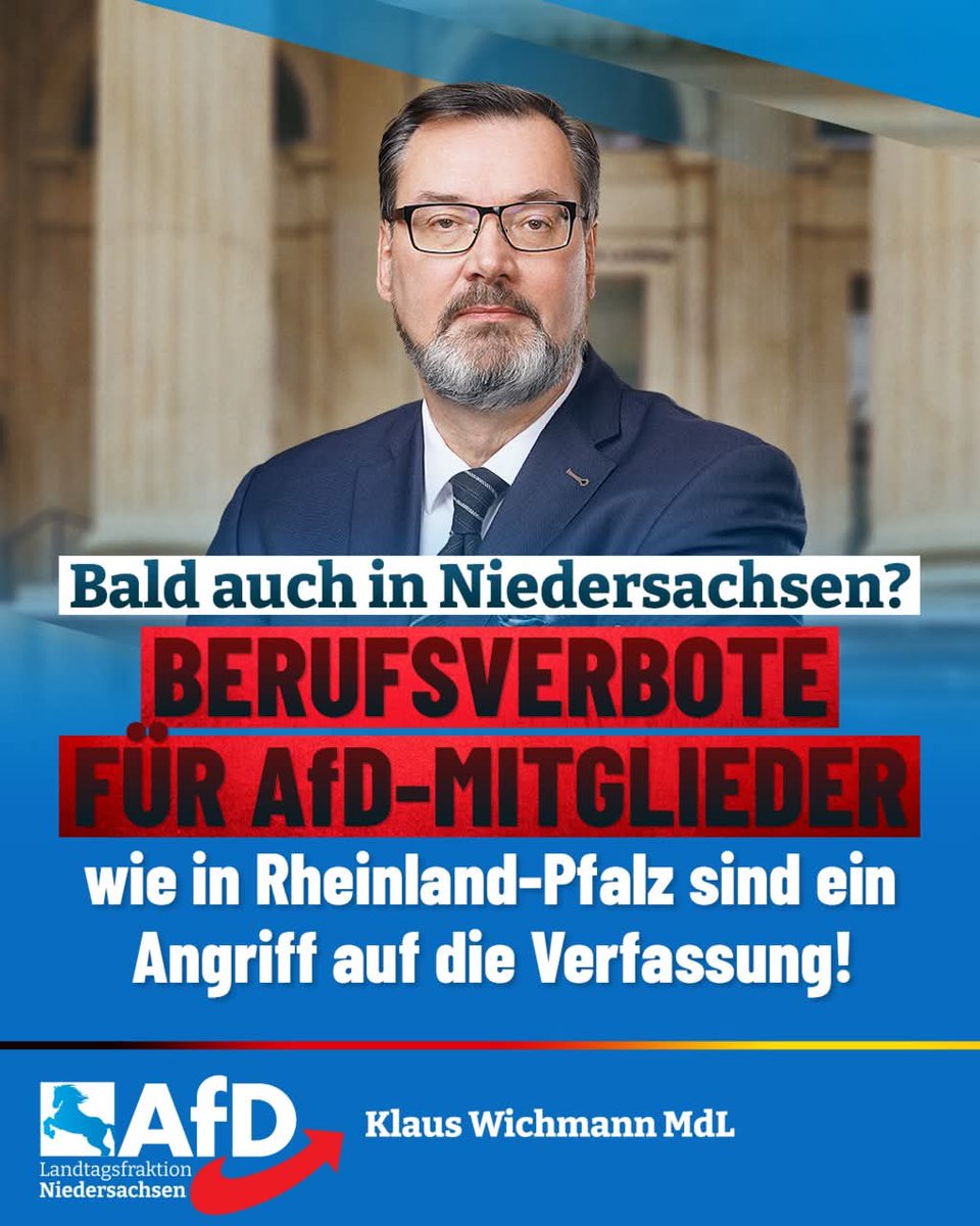 AfDFraktionNDS's tweet image. ++ Grundrechte gelten auch für #AfDMitglieder! ++
„Der unfassbare Vorstoß des rheinland-pfälzischen Innenministers Michael Ebling (SPD), #AfD-Mitglieder zukünftig aus dem öffentlichen Dienst auszuschließen, führt den Rechtsstaat auf finstere Abwege“, warnt Klaus Wichmann,…
