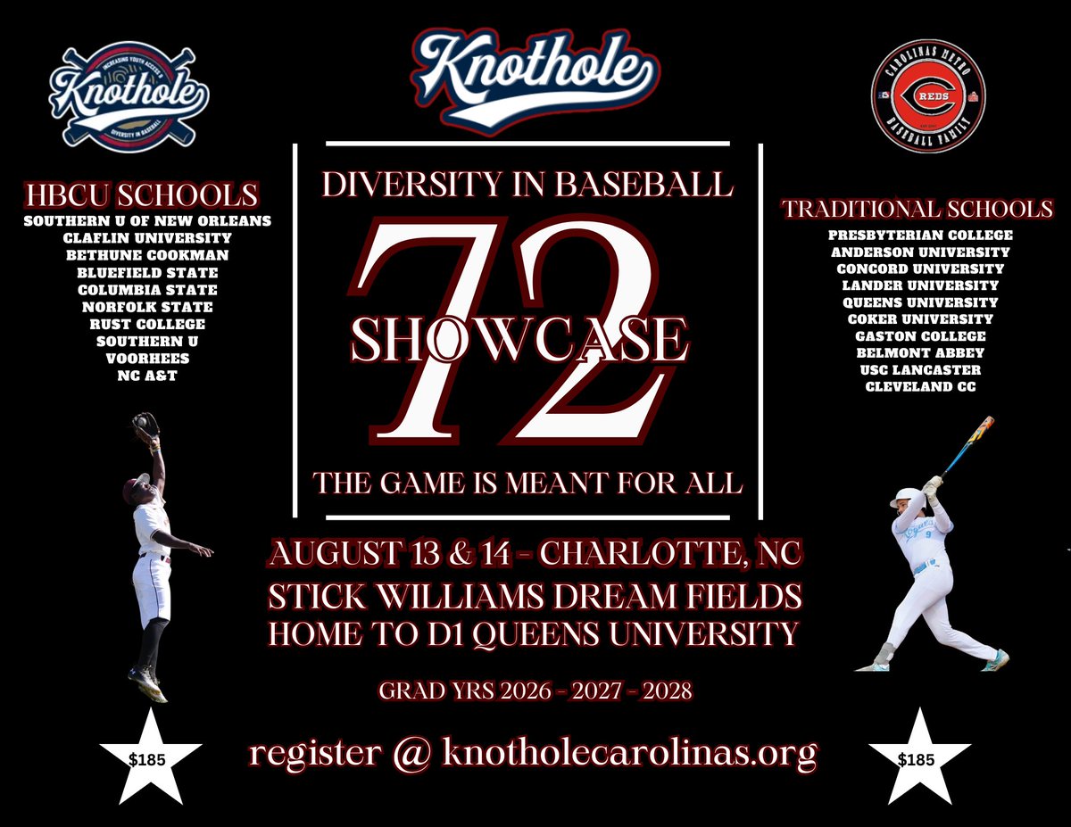 KnotholeNC's tweet image. We’re proud to champion diversity in the game. 6th annual Diversity in Baseball Showcase brings together HBCU programs &amp;amp; traditional colleges, creating real opportunities for HS players from all backgrounds.  

Charlotte, NC
August 13/14

Info/Register:
knotholecarolinas.org/6th-annual-hbc…