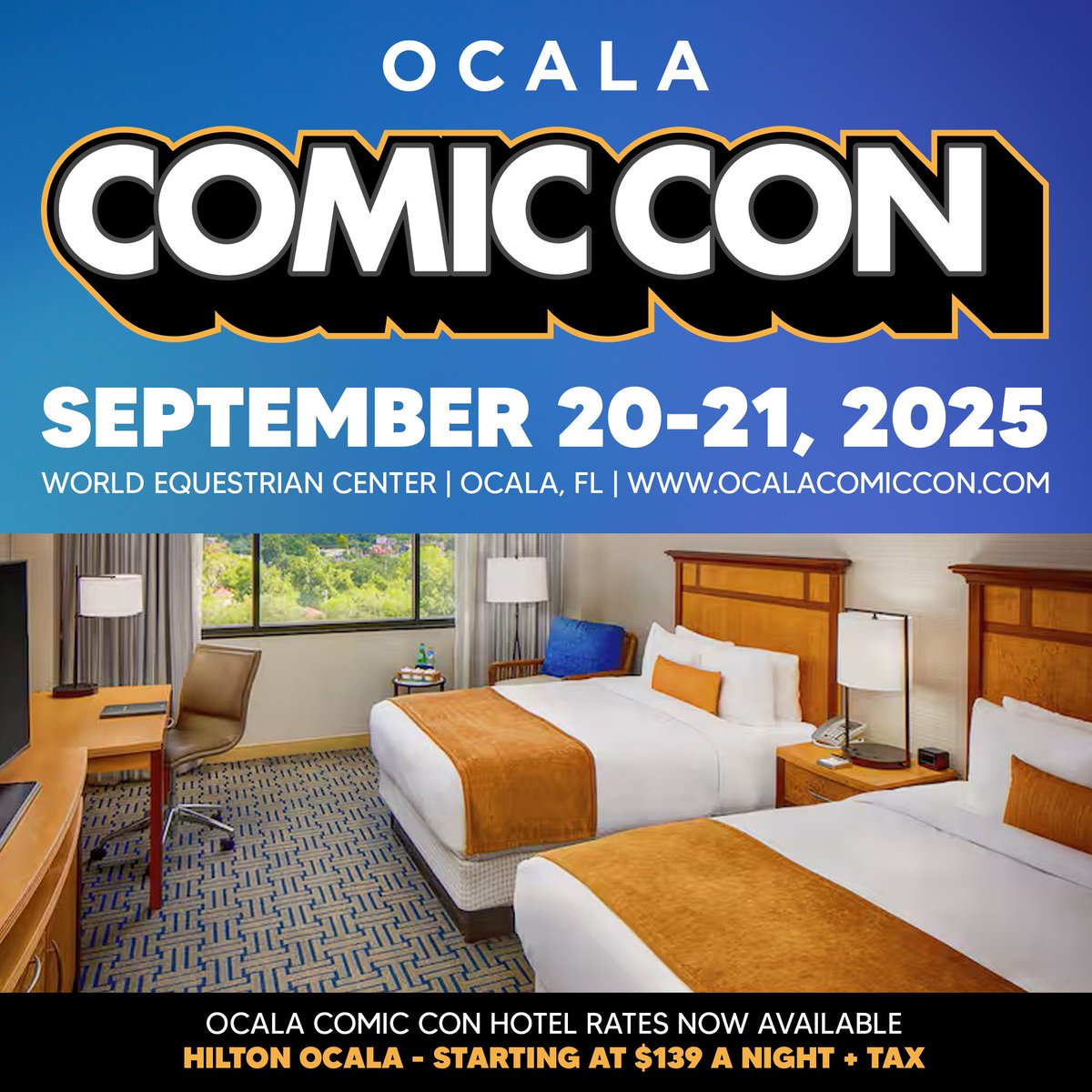 OcalaComicCon's tweet image. Special hotel rates for this year's Ocala Comic Con are now available! We have partnered with Hilton Ocala and The Equus Inn.
To view the current guest list and pre-order tickets for the September 20-21, Ocala Comic Con, please visit: ocalacomiccon.com