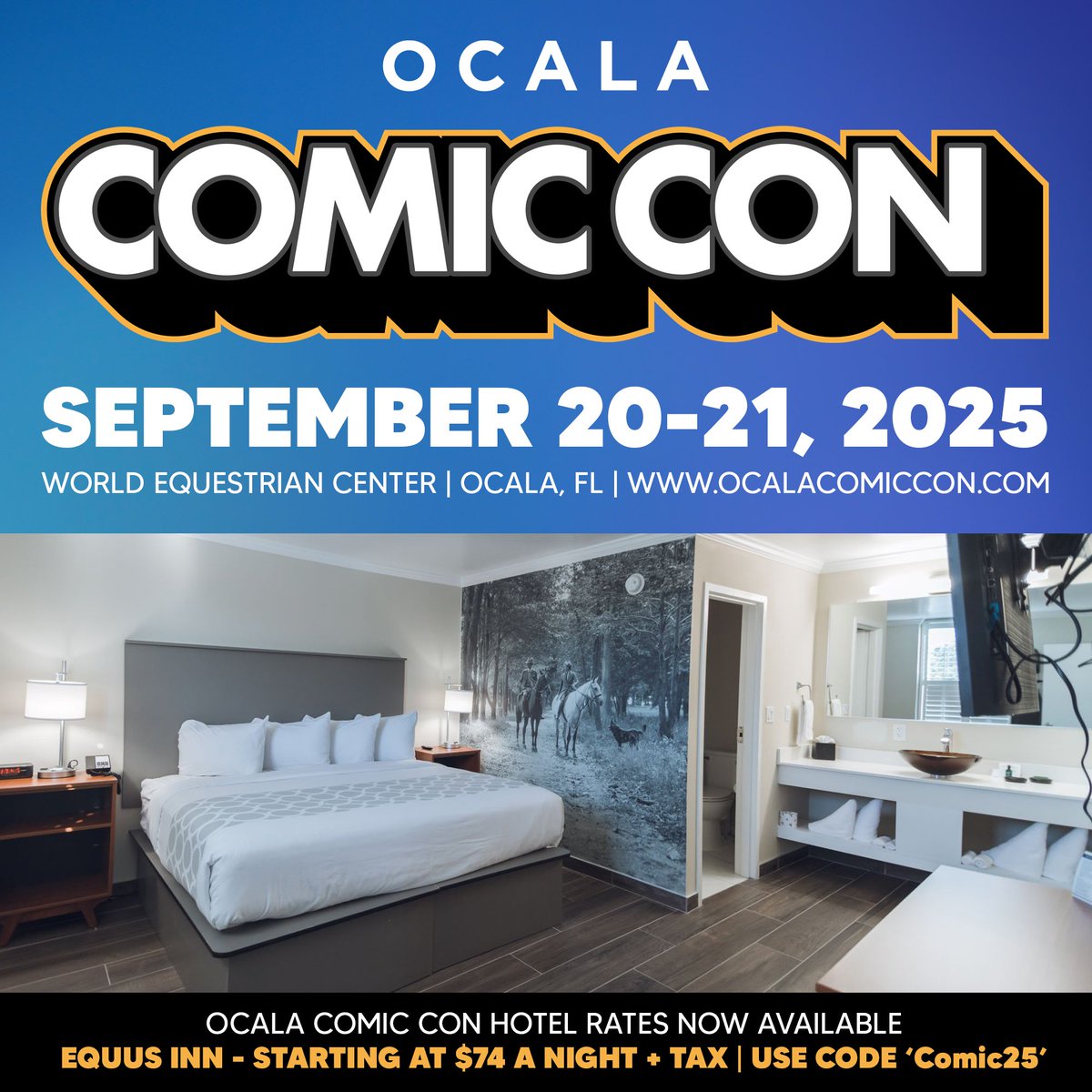 OcalaComicCon's tweet image. Special hotel rates for this year's Ocala Comic Con are now available! We have partnered with Hilton Ocala and The Equus Inn.
To view the current guest list and pre-order tickets for the September 20-21, Ocala Comic Con, please visit: ocalacomiccon.com