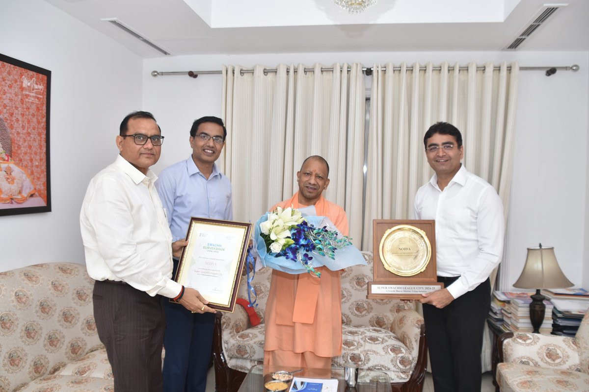 Today, on 19.7.2025, met with Hon'ble CM Yogi Adityanath ji <a href="/myogiadityanath/">Yogi Adityanath</a> to share Noida Authority's achievement of securing 1st place in Super Clean League under Swachh Survekshan 2024-25. CM congratulated the team &amp; praised the continuous efforts of Noida Authority &amp; its