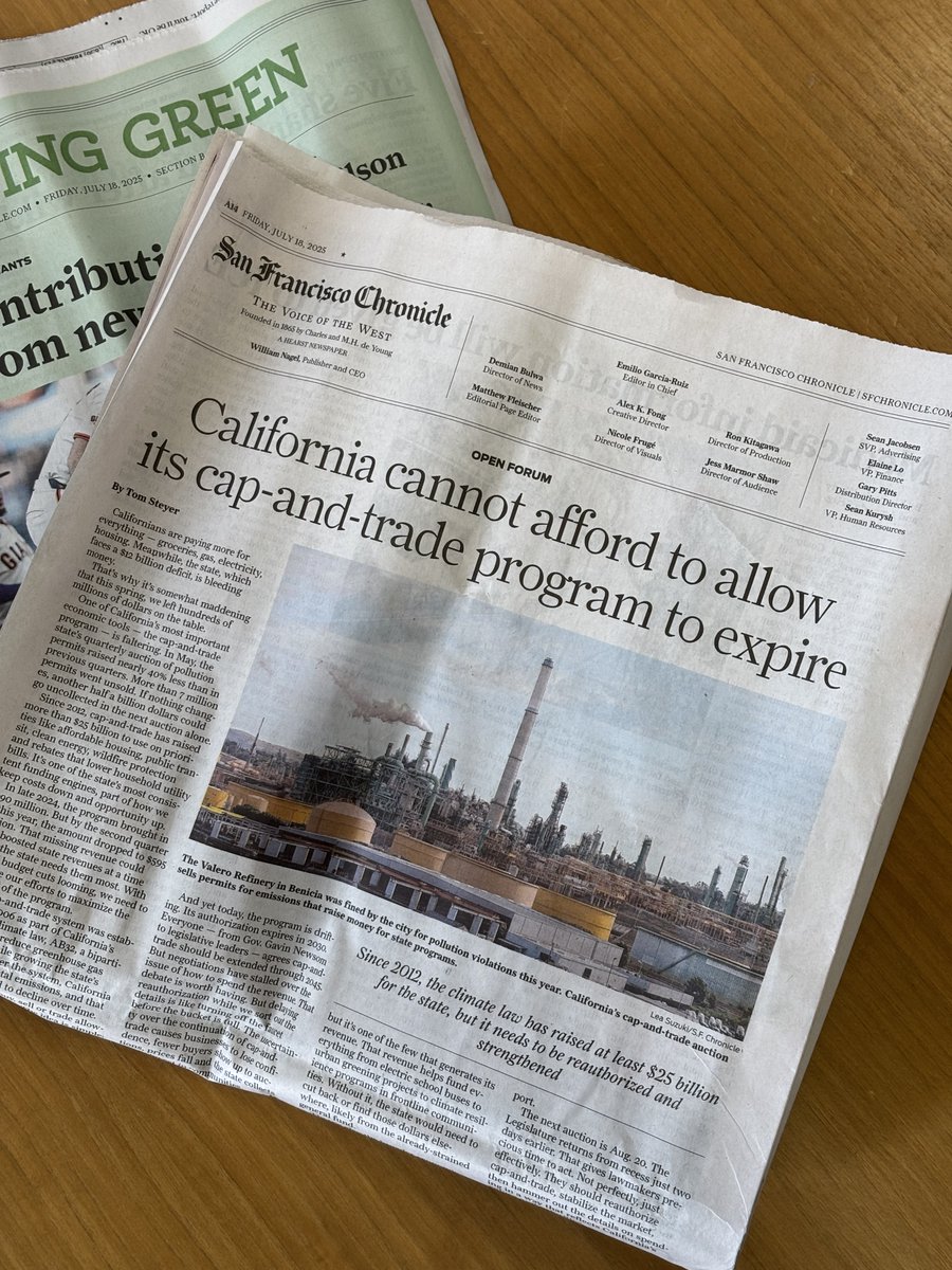 TomSteyer's tweet image. My op-ed about the hundreds of millions of dollars California is leaving on the table if we do not reauthorize cap-and-trade ran in yesterday’s @sfchronicle.
The next cap-and-trade auction is set for August 20, two days after the legislature reconvenes from a summer recess that…