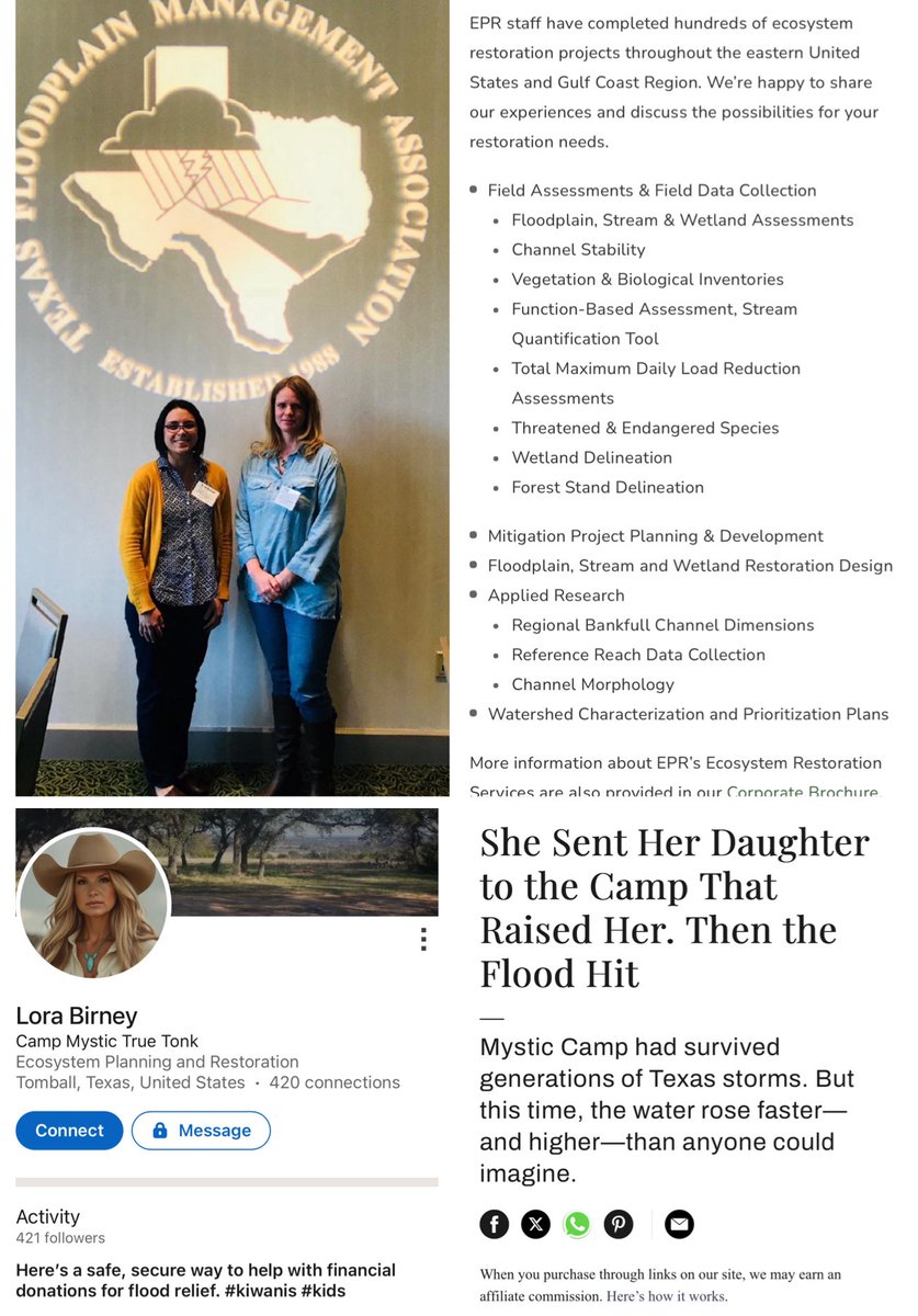 This is the kind of micro-fakery I keep seeing. In every alleged flood victim the media amplifies, there’s always at least one strange affiliation or perfect coincidence that makes the story feel manufactured.
Lora Birney is a prime example—she sends her daughter to Camp Mystic,