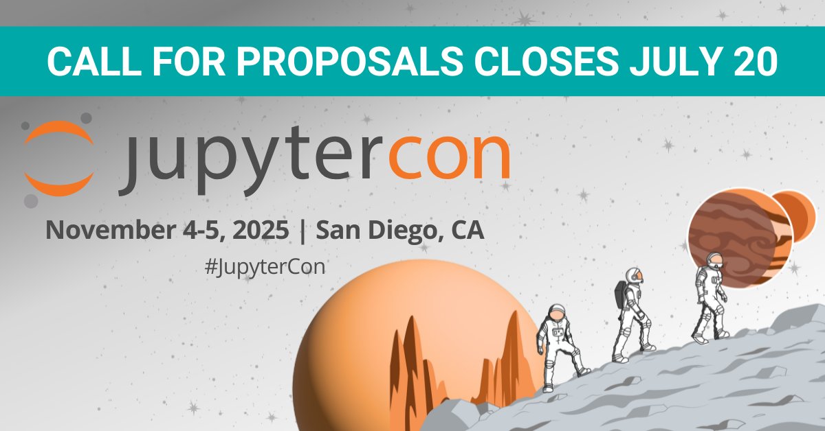 linuxfoundation's tweet image. 🚨 FINAL CALL: CFP for #JupyterCon closes TOMORROW (July 20)! Don't miss your chance to share your #Jupyter expertise with data scientists, educators & developers in San Diego this November. Submit NOW: hubs.la/Q03x3Jb60