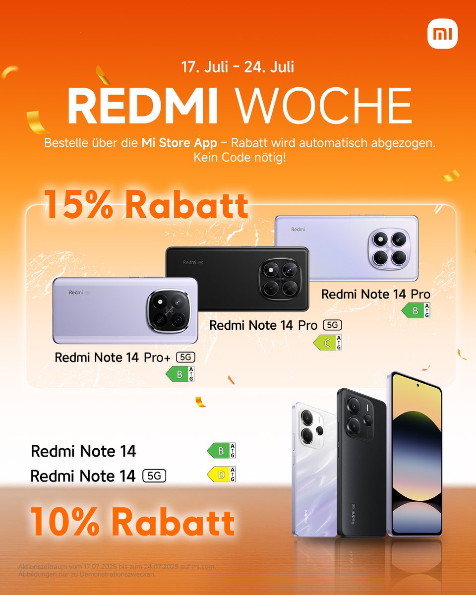 🚨 Unsere Redmi Week läuft noch bis zum 24. Juli! 
🔻 Sichere dir jetzt exklusive Rabatte auf die gesamte Redmi Note 14 Series! 
ams.xiaomi.net/e1gQP60B