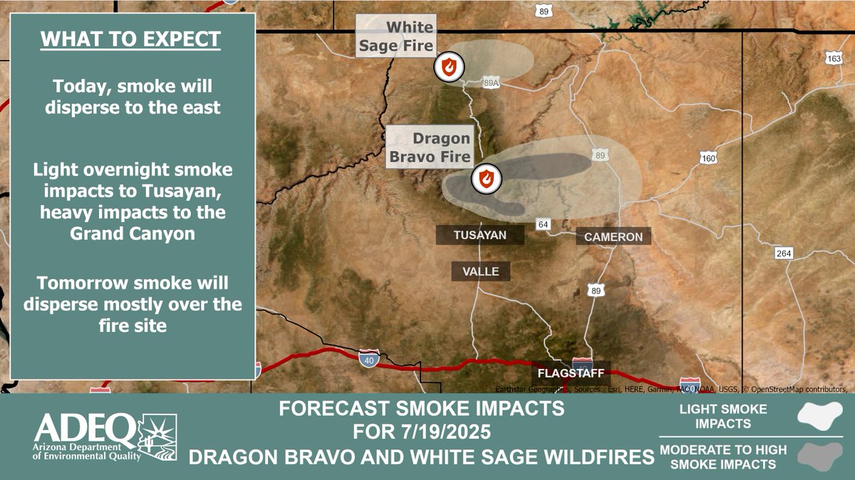 ArizonaDEQ's tweet image. 🚨ADEQ has UPDATED the #DragonBravo and #WhiteSage Wildfire Smoke Forecast.
See how #smoke is affecting your local community: #Tusayan #Cameron #Valle #Flagstaff 🔥
Learn More ➡️ azdeq.gov/wildfire/forec…
#AZFire #AZWildfire