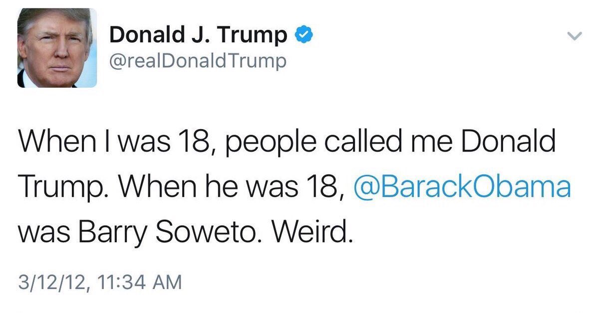 VeryCrappyMemes's tweet image. This is still one of the best Trump tweets in history.
Barack Obama = Barry Soweto