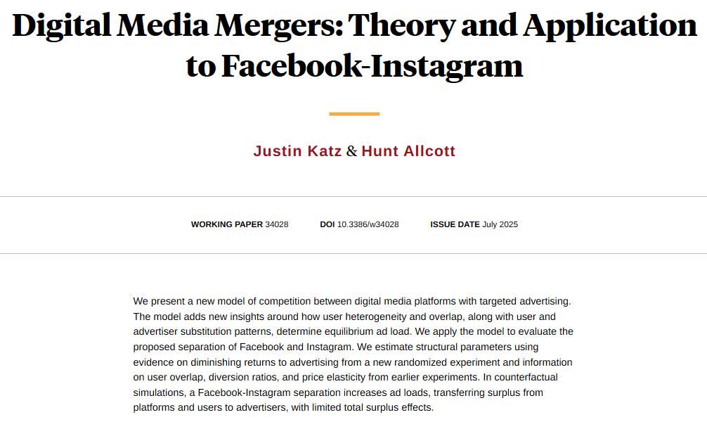 nberpubs's tweet image. Presenting a new model of competition between digital media platforms with targeted advertising, from @jdikatz and @huntallcott nber.org/papers/w34028