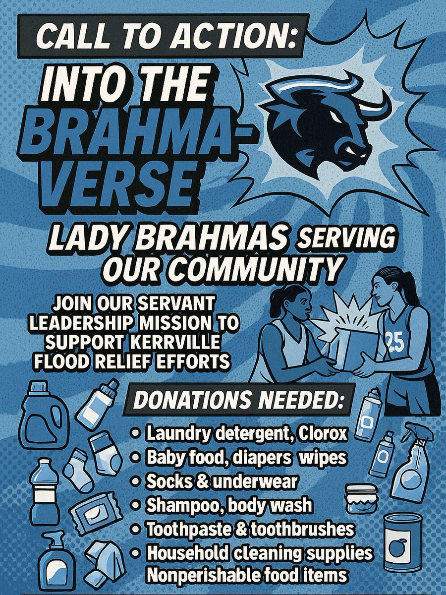 📣 CALL TO ACTION: BRAHMAS — IT’S TIME TO RISE! Off the court we lead with servant hearts. 🤍 #BuiltByEffort #ProvenByComeback 

📍 Drop-Off: MacArthur HS Front Office
📅 July 14–22 | ⏰ 8 AM–3 PM
All donations will go to Kerrville Salvation Army on July 23.