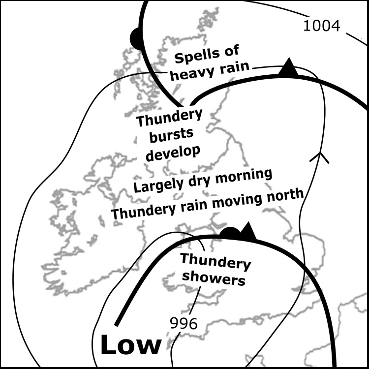 the_MWIS's tweet image. Sun 20/7: Areas of rain and thundery showers rotating slowly around a broad zone of low pressure. The most persistent heavy rain focused on northeast Scotland. Lowest cloud in east. Largely dry for several hours in northern England. Variable winds, gusty in places. Fairly warm.