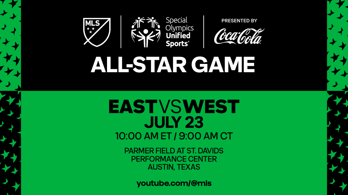 SpecialOlympics's tweet image. Tune in to watch the 2025 Special Olympics Unified Sports @MLS All-Star Game presented by @CocaColaCo on Wednesday July 23rd at 9am CT at youtube.com/@mls!
The East vs West match-up will be one you don’t want to miss! #MLSAll-Star #PlayUnifiedMLS