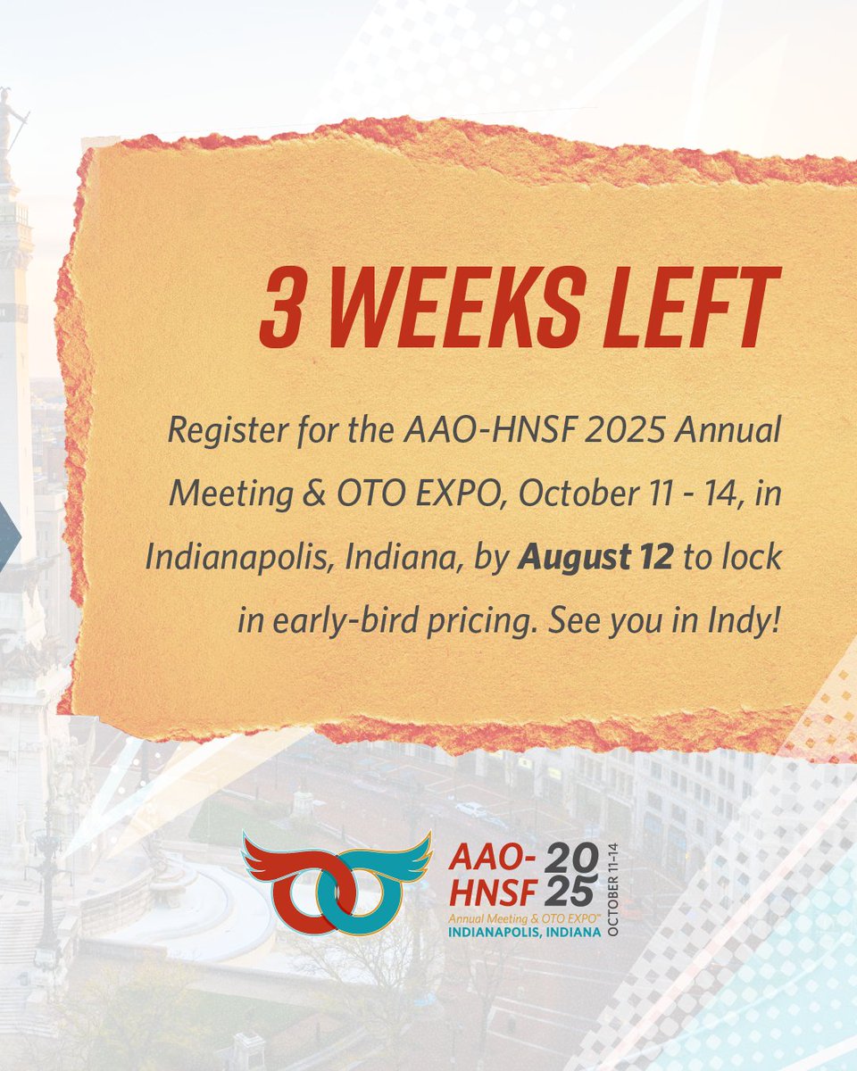 Join the global otolaryngology community this October in Indianapolis for breakthrough research and innovative solutions at #OTOMTG25. Early-bird pricing ends Aug 12! hubs.ly/Q03xWVtL0

#otolaryngology #ENT #AAOHNS