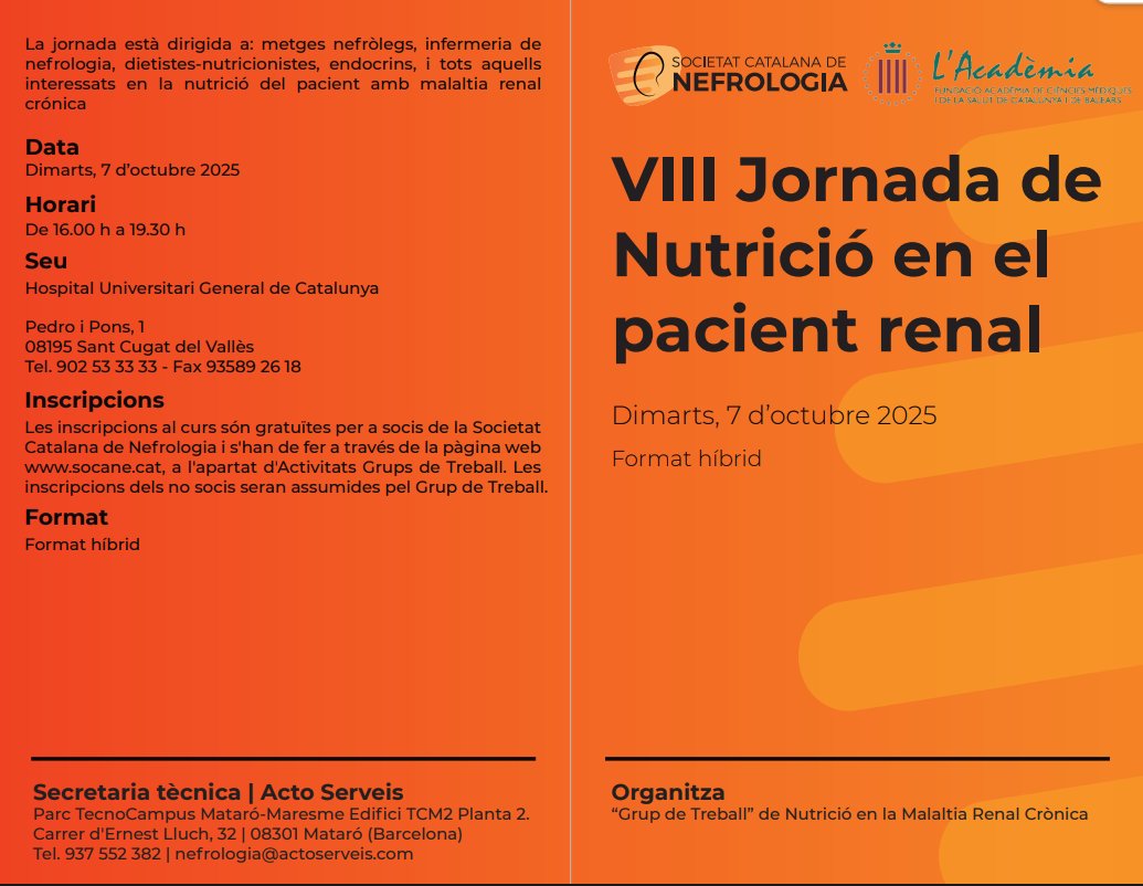 nefrocat's tweet image. 📣 Torna la VIII Jornada de Nutrició en el pacient renal!
📅 7 d’octubre 2025
📍 @Hospital_HUGC
👨⚕️ Per a professionals de la nefrologia i nutrició
📝 Gratuït per socis de la SCN
Inscriu-te ara!👇
➕linke.to/VIIIJornadaNut…
#JornadaNutricióPacientRenal