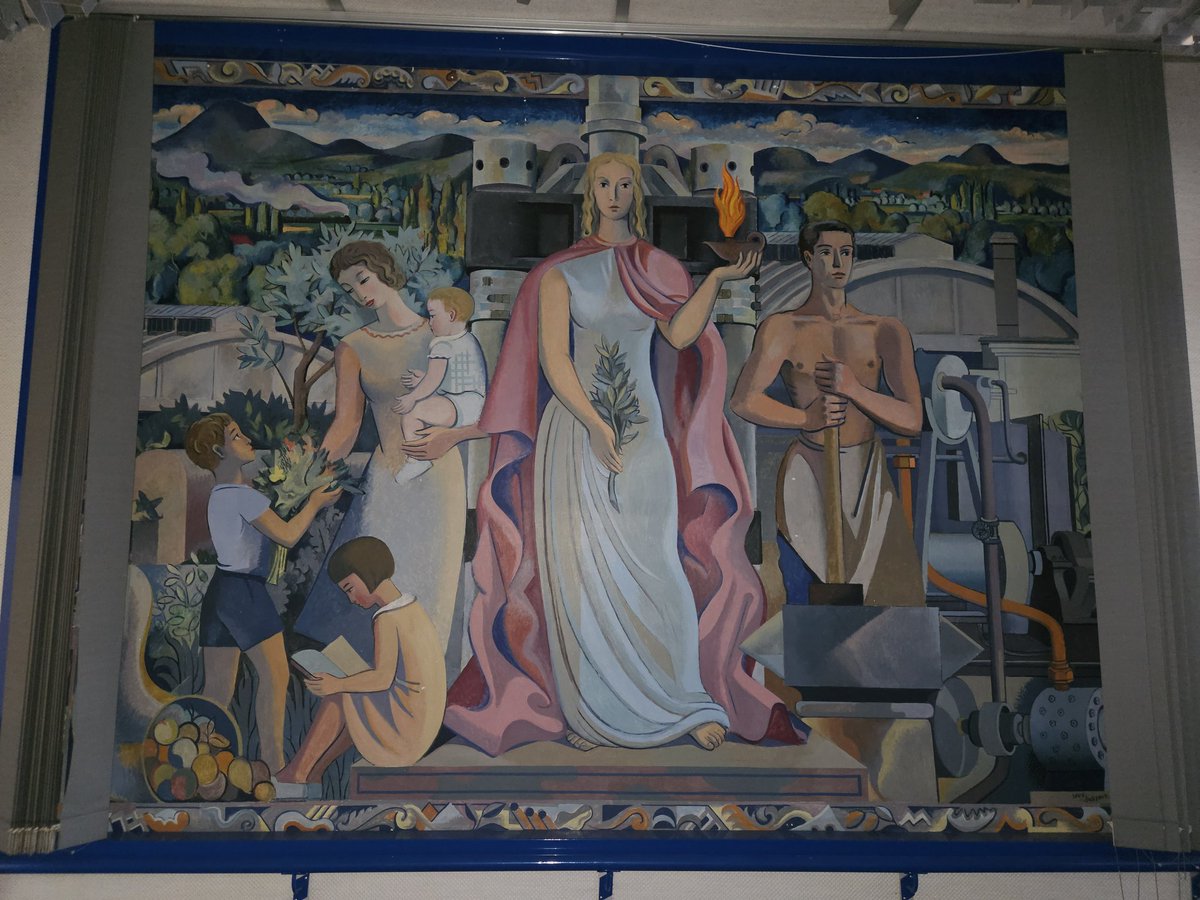 We inherited this invaluable piece of artwork, a 1942 mural painted on the wall of the historical offices in an old factory we bought.
It is valued at hundreds, maybe even thousands of euros, which is more than we paid for the property !