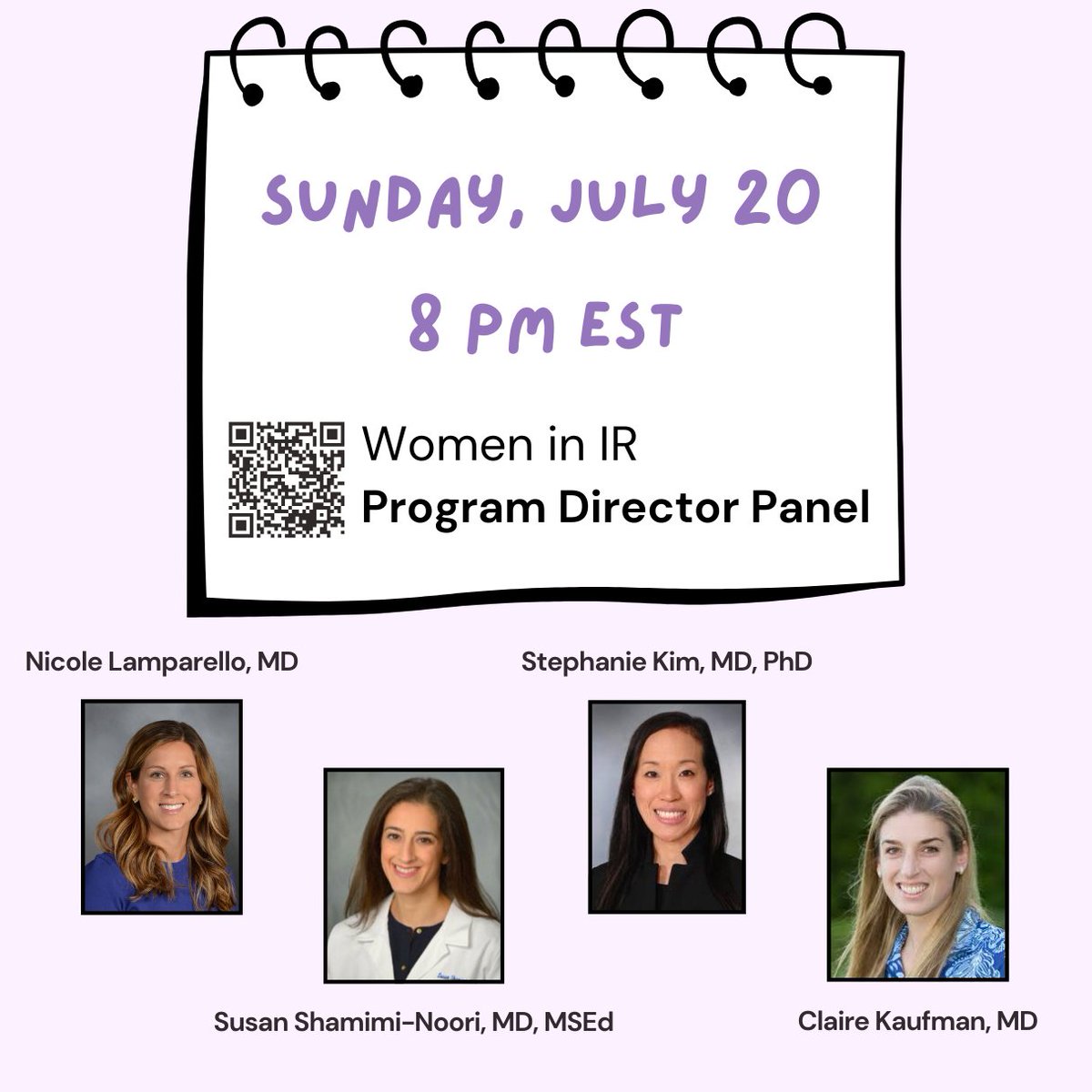 Estefania Gonzales (@_estefagonzales) on Twitter photo REMINDER! Join us for tomorrow's Women in IR Program Director Panel, hosted by the WIR MSC of SIR.
We're so grateful to be joined by:
<a href="/NLamparello/">Nicole Lamparello, MD</a>
<a href="/SusanShamimi/">Susan Shamimi-Noori MD MSEd</a>
<a href="/stephkimMD/">Stephanie Kim, MD, PhD</a>
Dr. Claire Kaufman
Register here: tinyurl.com/WIRPDPanel
🗓️ Sunday, July 20
⏰ 8 PM EST | 5 PM PST REMINDER! Join us for tomorrow's Women in IR Program Director Panel, hosted by the WIR MSC of SIR.
We're so grateful to be joined by:
<a href="/NLamparello/">Nicole Lamparello, MD</a>
<a href="/SusanShamimi/">Susan Shamimi-Noori MD MSEd</a>
<a href="/stephkimMD/">Stephanie Kim, MD, PhD</a>
Dr. Claire Kaufman
Register here: tinyurl.com/WIRPDPanel
🗓️ Sunday, July 20
⏰ 8 PM EST | 5 PM PST