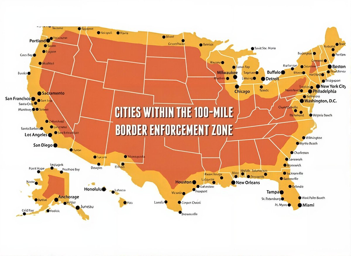 JasonBassler1's tweet image. People keep saying the BBB only targets “the border.” Technically? Maybe. But look closer.
The so-called border zone covers 100 miles inland which includes two-thirds of the entire U.S. population. This isn’t about securing borders. It’s about normalizing mass surveillance.