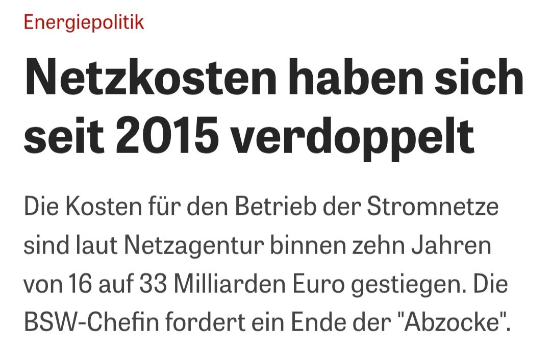 SWagenknecht's tweet image. Dass die Stromkunden in diesem Jahr 33 Milliarden Euro an die Netzbetreiber zahlen müssen, ist inakzeptabel. Die Verdopplung der Netzkosten in den vergangenen zehn Jahren zeigt das Versagen in der Energiepolitik. Es ist kein Wunder, sondern hausgemacht, dass Deutschland weltweit…