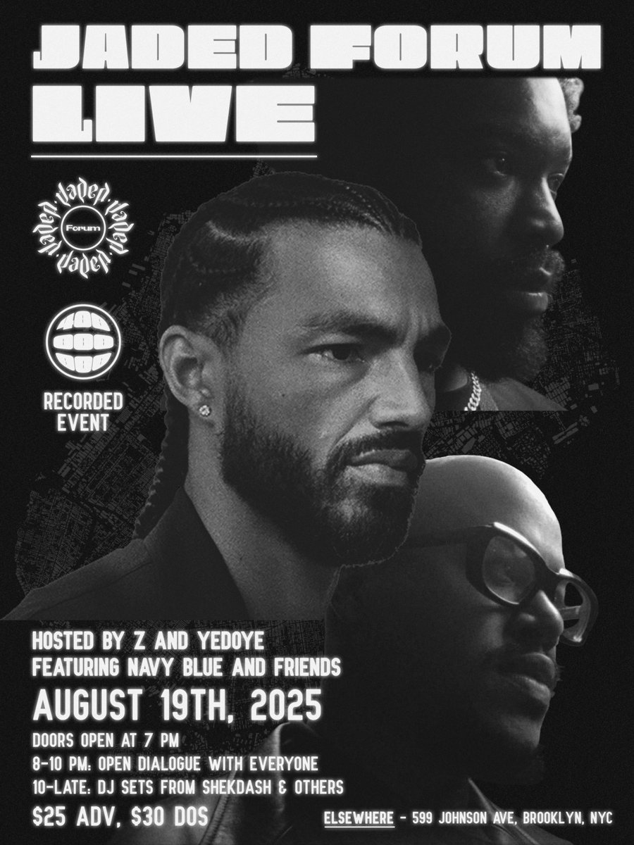 JadedForum's tweet image. The next Jaded Forum LIVE event will feature DJ sets from @shekdash and others.
Come see us at @elsewherespace
August 19th, 8 PM (doors open at 7).
Hosted by Z and @yedoye_
Featuring @navyduskwaygi
Tickets on sale now: eventbrite.com/e/jaded-forum-…