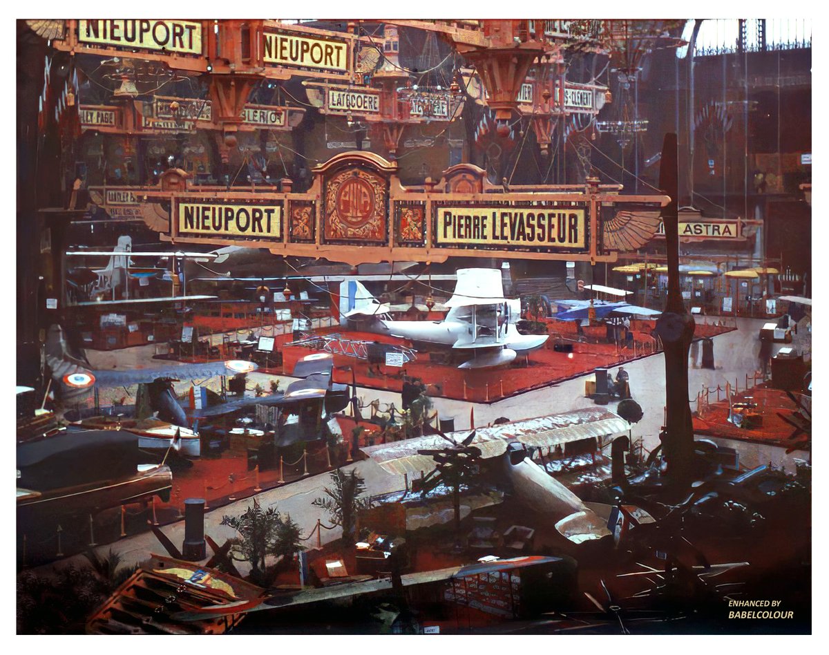 StuartHumphryes's tweet image. Taken 106 years ago, on Monday 22nd Dec 1919, I have cleaned-up this autochrome view of the 6th Paris Air Show, photographed by Georges Chevalier at the Grand Palais des Champs-Élysées. It is original colour, not colourised.