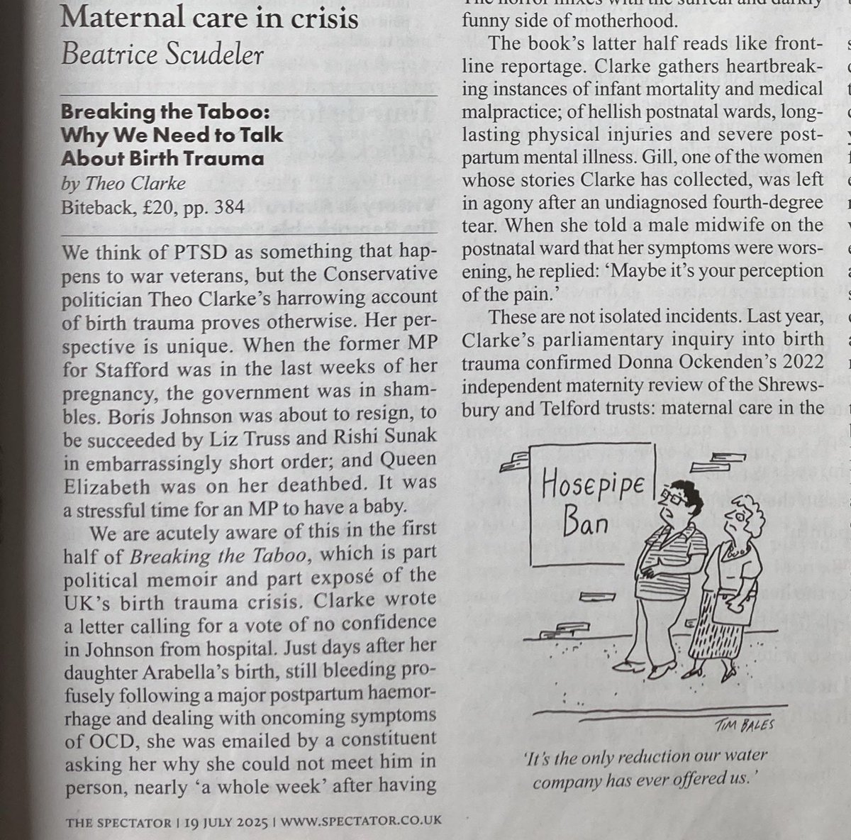 beatrixscudeler's tweet image. For those who subscribe to @spectator, you'll find my review of @theodoraclarke's book on birth trauma in this week's magazine. And after reading about such a serious topic, you'll be refreshed by the hosepipe ban cartoon!