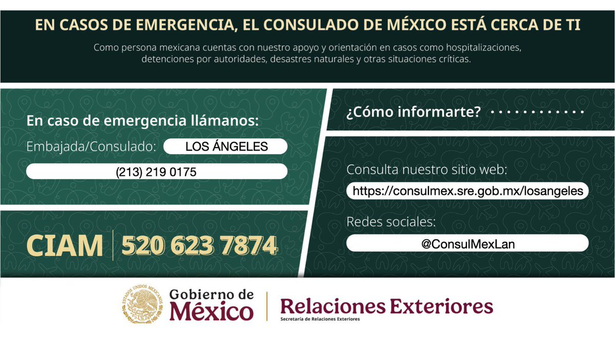 carlos_glezgtez's tweet image. 🚨En la madrugada de hoy se registró un atropello múltiple en East Hollywood, dejando varios heridos.
Si eres mexicano y fuiste afectado por este incidente contáctanos al 📞 (213) 219-0175 o a través de la Línea de Apoyo Consular ☎️ (520) 623-7874 para recibir asistencia.