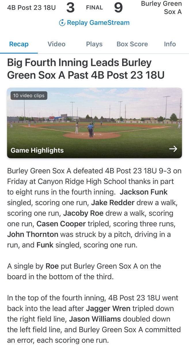 ⚾️ Burley Green Sox Are On A Roll! ⚾️

Burley defeated the Blackfoot 4B Post 23 last night 9-3 in the semifinals and now advance to the Area C District Tournament Finals! 🎉🏆

📅 TONIGHT, 6/19 at 4 PM
📍 Canyon Ridge High School
💥 Vs. the IF Bees 💥

Let’s go Burley! 💚⚾
