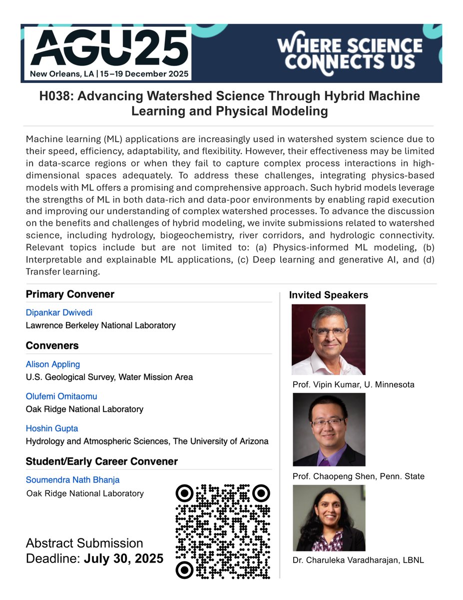 Dipankar (@dipankardw08) on Twitter photo Deadline approaching soon! Submit your abstract to #AGU25 Session H038: Advancing #Watershed Science Through #Hybrid #ML and #Physical #Modeling
<a href="/ChaopengShen/">Chaopeng Shen</a> <a href="/pkumar3691/">Praveen Kumar</a> <a href="/charuleka/">Charuleka Varadharajan</a>
<a href="/berkeley_ai/">Berkeley AI Research</a> <a href="/BerkeleyLab/">Berkeley Lab</a> Deadline approaching soon! Submit your abstract to #AGU25 Session H038: Advancing #Watershed Science Through #Hybrid #ML and #Physical #Modeling
<a href="/ChaopengShen/">Chaopeng Shen</a> <a href="/pkumar3691/">Praveen Kumar</a> <a href="/charuleka/">Charuleka Varadharajan</a>
<a href="/berkeley_ai/">Berkeley AI Research</a> <a href="/BerkeleyLab/">Berkeley Lab</a>