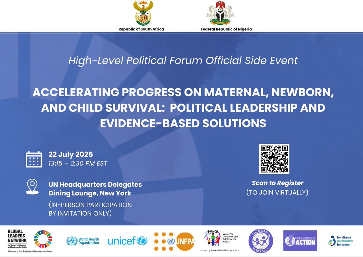 GLN_Community's tweet image. The Global Leaders Network & partners are convening a high-level conversation at #HLPF2025 to accelerate progress on maternal, newborn, and child survival.
📍 UN HQ Delegates Dining Lounge
📅 Tuesday, July 22, 2025
@PMNCH @ChildHealthTF @UNICEF @WHO @UNFPA @PresidencyZA