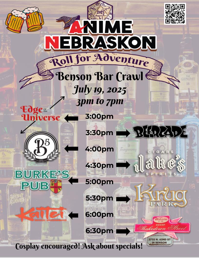 Today is the day for the Anime NebrasKon Benson Bar Crawl! From 3 PM to 7 PM join the party and quest with us through 8 bars in the Benson area. Cosplay is highly encouraged! Many venues will be offering special drink discounts and exclusive perks for those in costume!