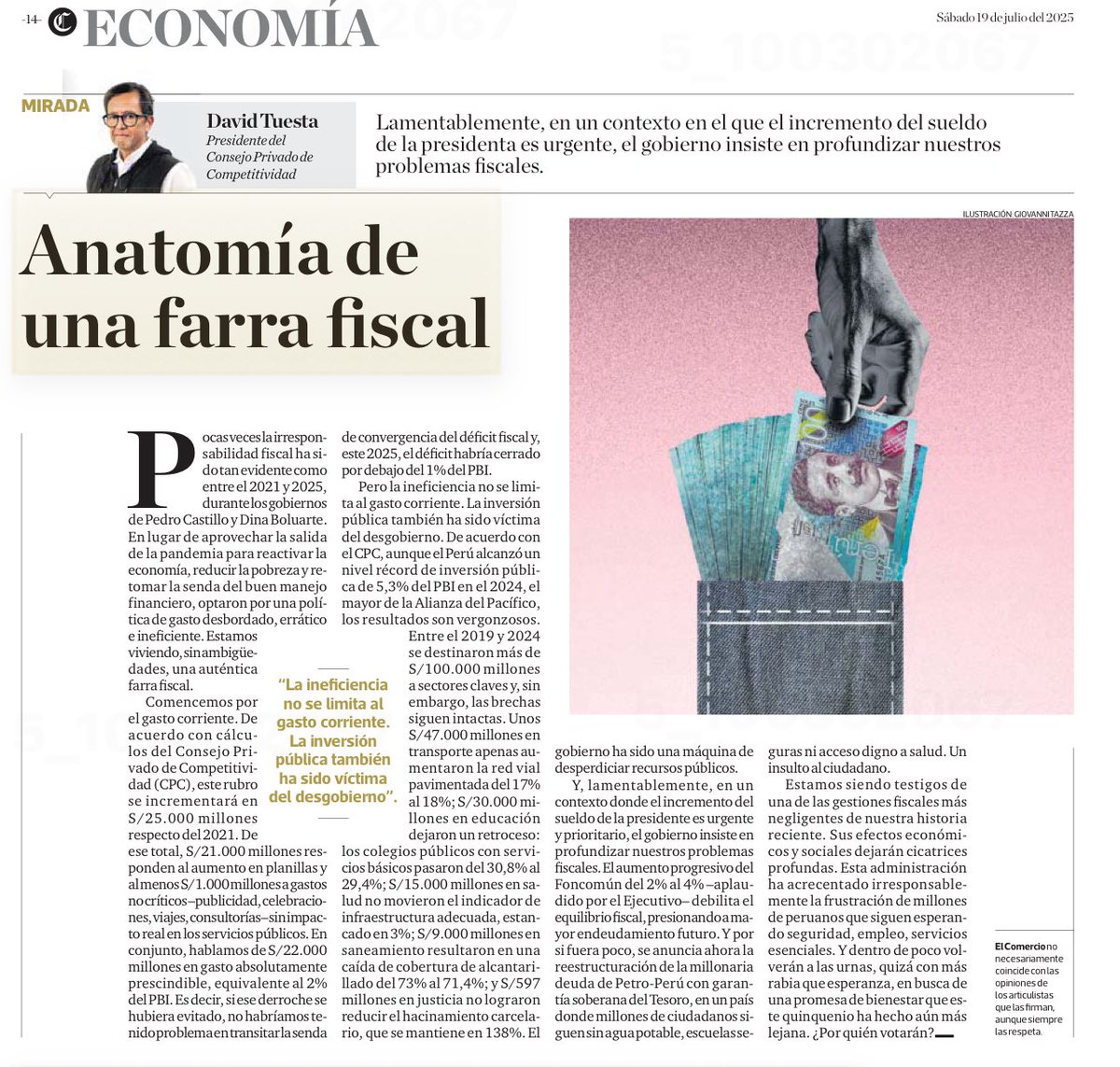 *Anatomía de una Farra Fiscal*
Los números no mienten. Si no fuera por la adicción de los gobiernos de Pedro Castillo y Doña Boluarte al gasto incontrolable, hoy estaríamos cumpliendo la regla fiscal del déficit sin problema. Comparto artículos en El Comercio.