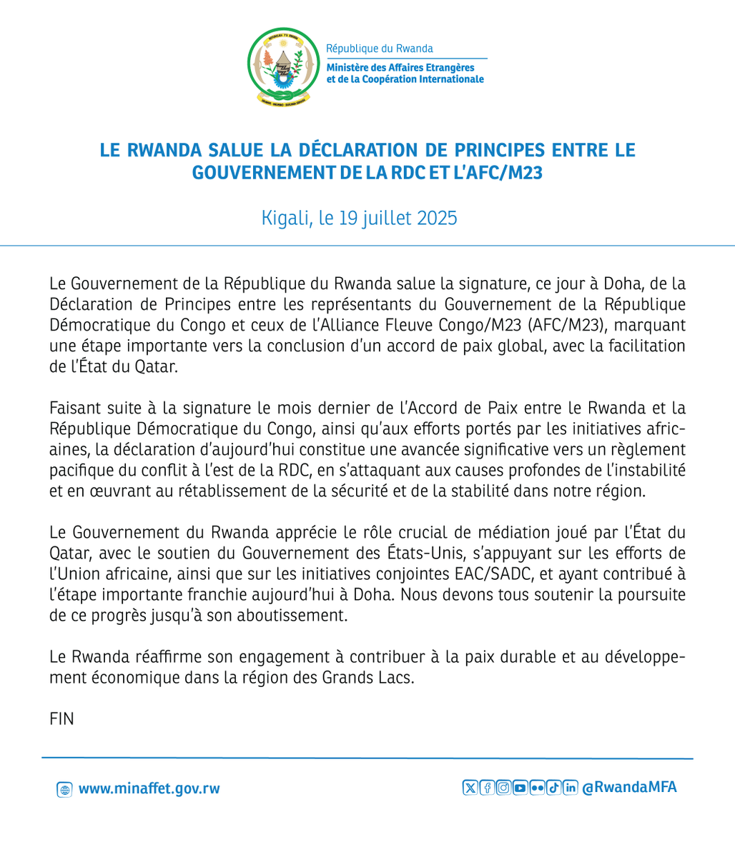 RwandaMFA's tweet image. Le Rwanda salue la Déclaration de Principes entre le Gouvernement de la RDC et l’AFC/M23
Cliquez pour lire plus: minaffet.gov.rw/updates/news-d…