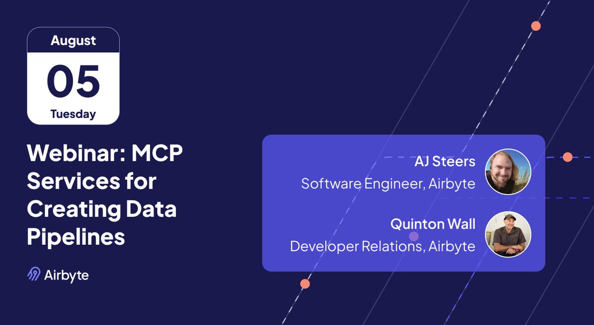 AirbyteHQ's tweet image. Level up your AI game, and save time manually coding data pipelines!
Our next Airbyte AI webinar will share practical steps to get started using latest Airbyte MCP offerings.
What you will learn:
💪 What is PyAirbyte, and when to use it
📊 How to add remote MCP server to…