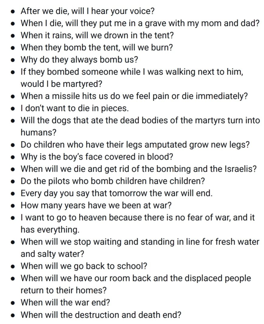 Pertanyaan anak-anak Gaza yg dirangkum oleh Pusat Trauma Gaza bagi anak-anak.
Ya Allah pertanyaaannya bikin nyesek 😭