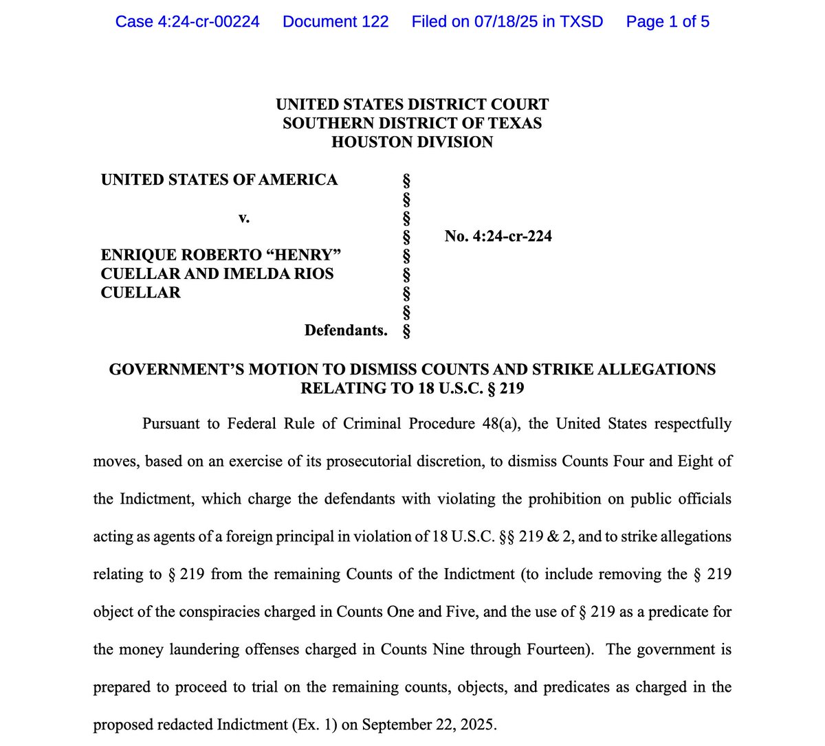 dmhj's tweet image. ICYMI:
As expected, the government filed a motion to dismiss two charges against U.S. Rep. Henry Cuellar on Friday #rgv
