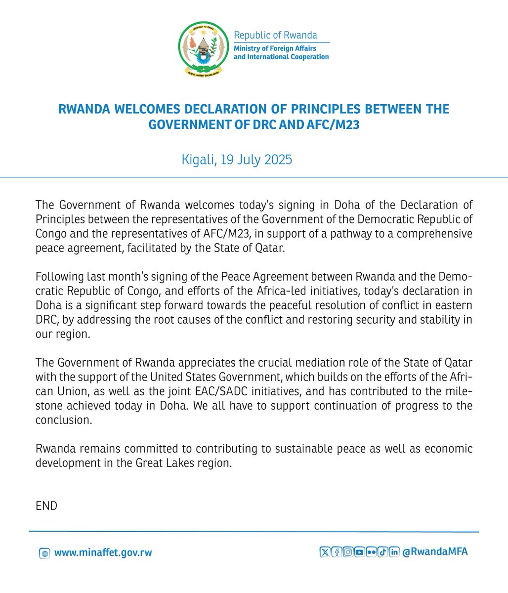 Rwanda welcomes Declaration of Principles between the Government of DRC and AFC/M23.