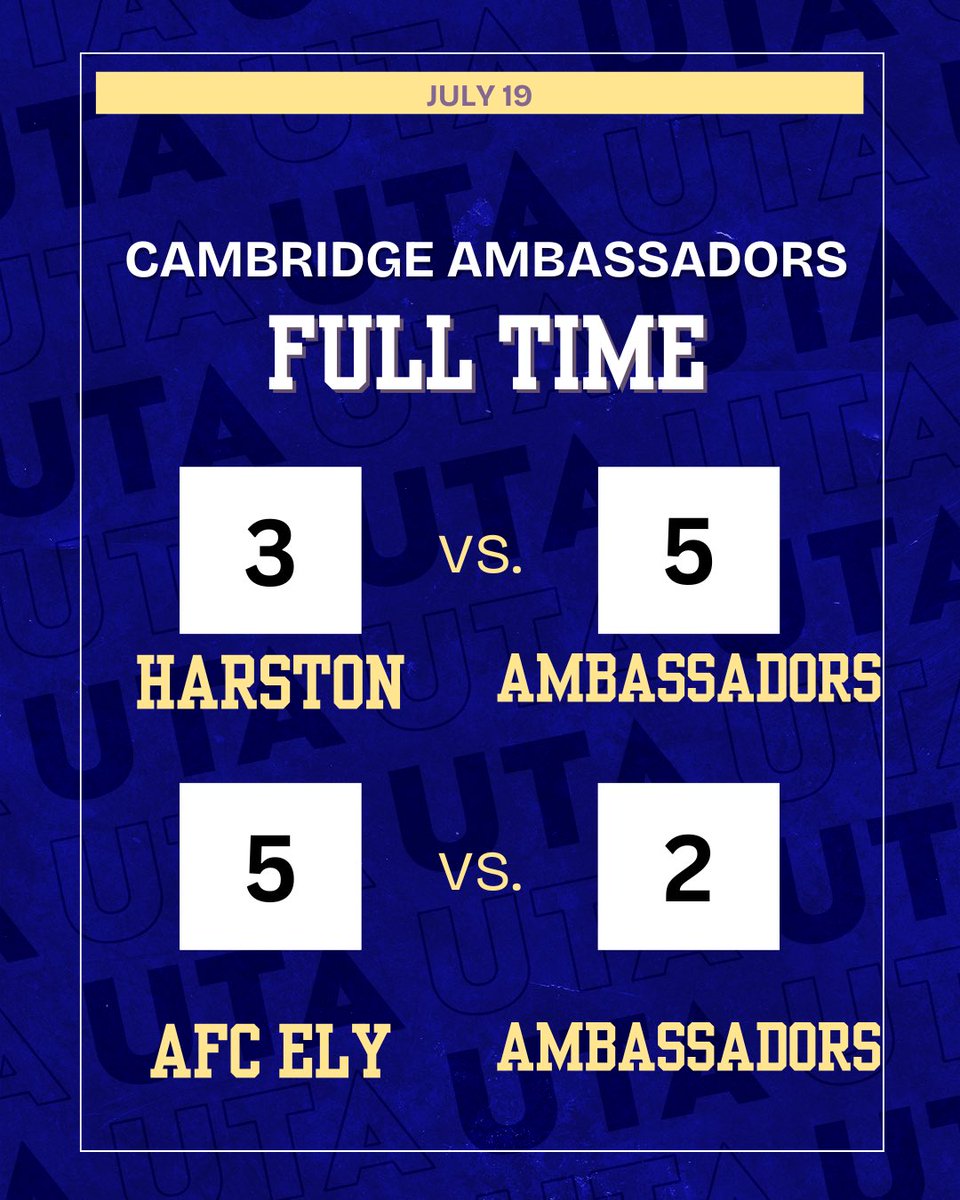 FULL TIME 💙

Our ‘first team’ won 5-3 away at Harston, some good football played and plenty of new players getting minutes. 

‘Reserves’ lose 5-2, again great to see so many new faces get a run out 💪🏼 

#UTA