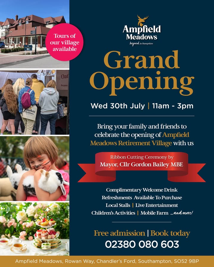 Ampfield Meadows Grand Opening!
📅 Wed 30 July | ⏰ 11am–3pm
📍 Chandler’s Ford

🎀 Ribbon cutting, 🎶 music, 🐰 farm fun, 🛍️ stalls &amp; more!

🎟️ Free – book now: bit.ly/4ltLdLg
#AmpfieldMeadows #GrandOpening
