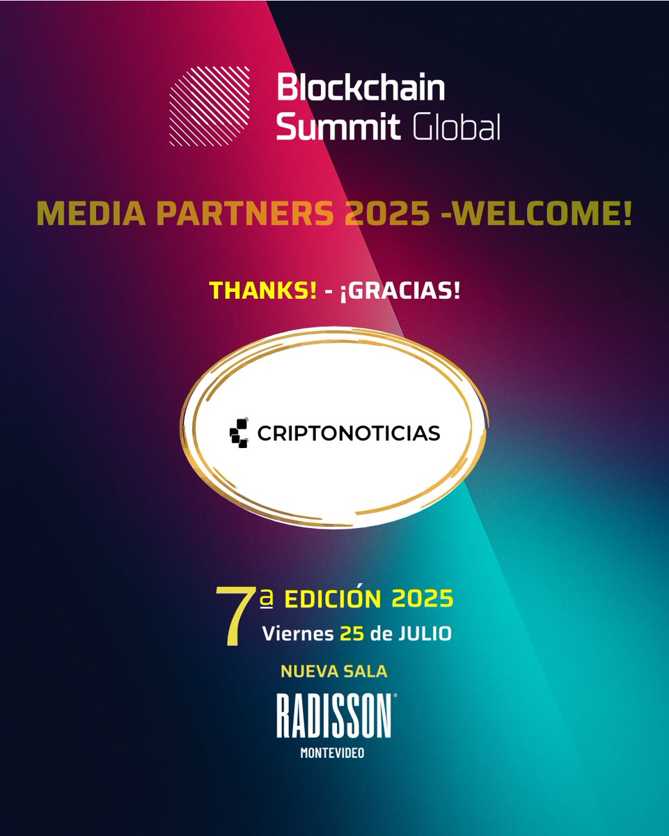 TheBSGlobal's tweet image. 📰 ¡Bienvenidos @CriptoNoticias como media partner del #BlockchainSummitGlobal 2025!
Desde 2013, un medio clave en el mundo cripto hispanohablante. Gracias por sumarse a esta 7.ª edición 💥
📅 25 de julio
📍 Radisson Montevideo
🎟️ Entradas: lnkd.in/dPP7_a-C
#BSG2025