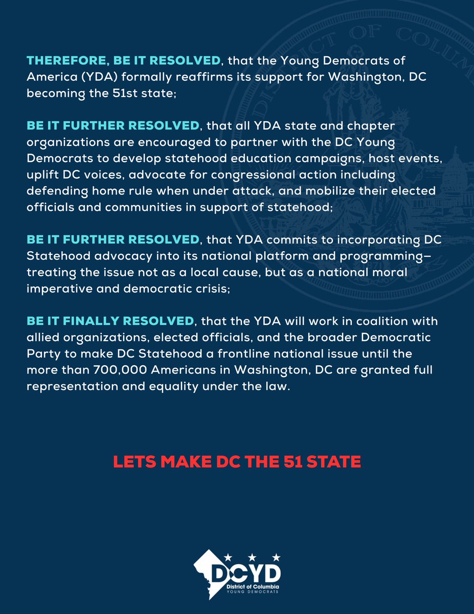 DCYDs's tweet image. In the birthplace of our democracy—Philadelphia—we proudly joined @theyoungdemocrats Convention, where young leaders from across the country passed a resolution in support of DC Statehood.
700k+ American citizens in DC demand & deserve full representation. #DCStatehood #YDA2025