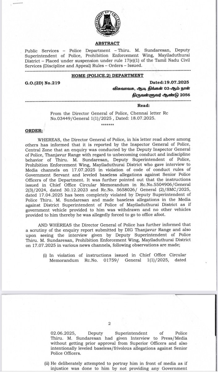 Stalin__SP's tweet image. Mayiladuthurai DSP Sundaresan has been placed under suspension. The suspension order was issued by the Home Secretary. Just days ago, DSP Sundaresan had levelled several allegations against ADGP (L&O) Davidson Devasirvatham, IG (Intelligence) Senthilvelan, and the Mayiladuthurai…