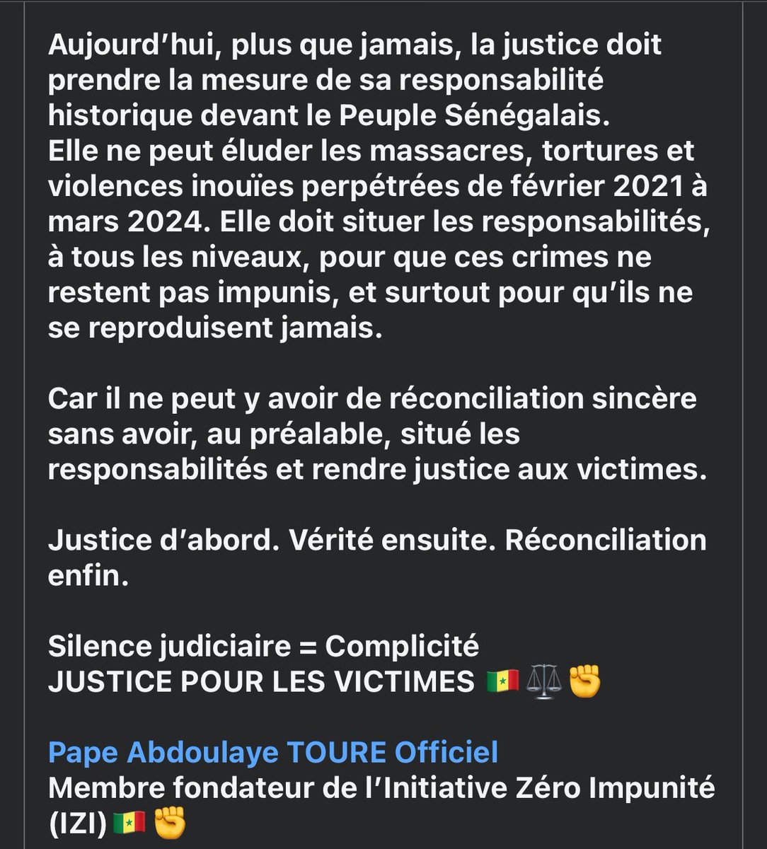Chers compatriotes,

À titre informatif, et par souci de transparence envers vous qui nous soutenez avec constance et engagement depuis le début, je tiens à vous faire part des derniers développements concernant notre lutte contre l’impunité.

Suite à la lettre qu’on avait….👇👇