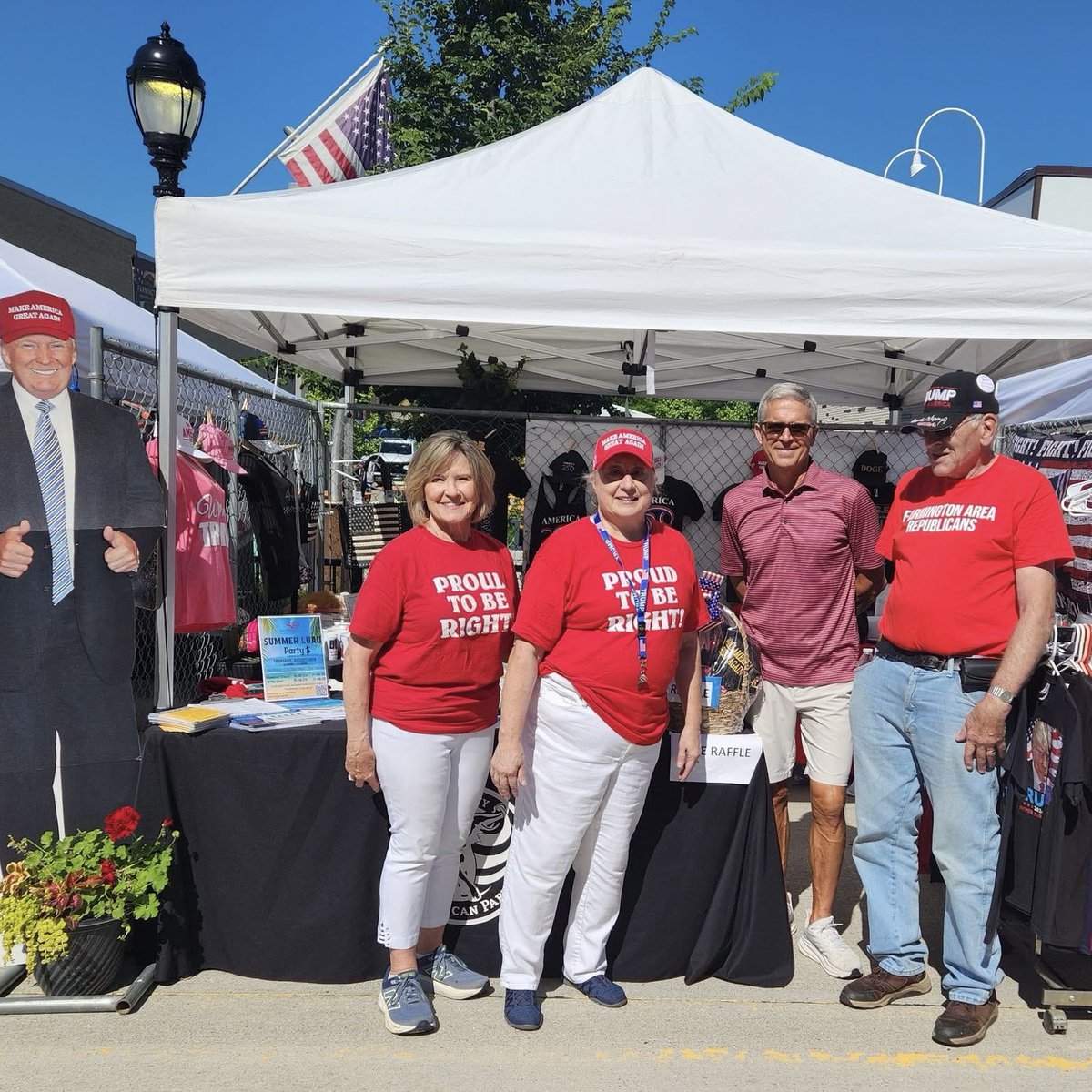 DistillSocial's tweet image. Oakland County Republicans showed up to the Farmington Founders Festival with a Trump cardboard cutout and “Proud to Be Right” shirts, proving once again they’ll turn any community event into a cult meeting with merch.
Nothing says “family fun” like worshiping a twice-impeached…
