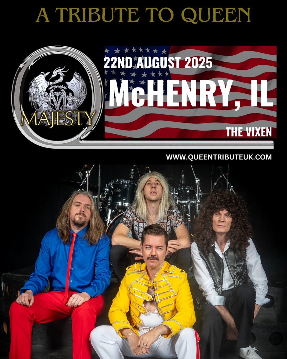 👑 🎸Majesty Live in #McHenry, IL👑
 
We're absolutely buzzing with excitement to announce we're heading back to the #USA for a whirlwind tour! - hitting the stage at the #vixenmchenry on Friday 22nd August.

Tickets - queentributeuk.com/tour

#Illinois #TheVixen #QueenTribute