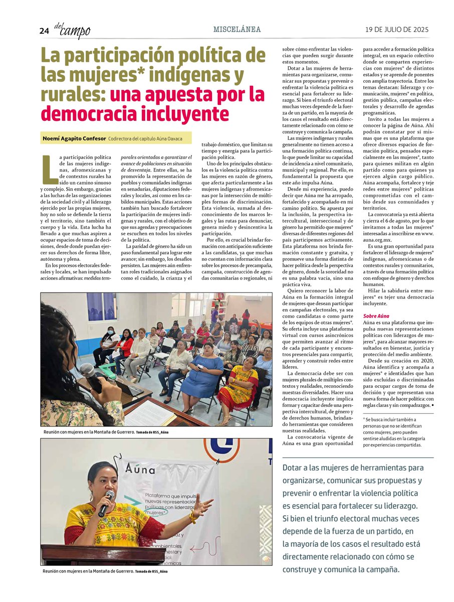 Jornada del Campo (@jornadadelcampo) on Twitter photo La participación política de las mujeres* indígenas y
rurales: una apuesta por la democracia incluyente
Noemí Agapito Confesor Codirectora del capítulo Aúna Oaxaca
<a href="/AunaMexico/">Aúna México</a>
#Miscelánea
#Mujeres La participación política de las mujeres* indígenas y
rurales: una apuesta por la democracia incluyente
Noemí Agapito Confesor Codirectora del capítulo Aúna Oaxaca
<a href="/AunaMexico/">Aúna México</a>
#Miscelánea
#Mujeres