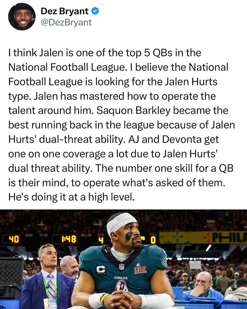 TheEagleTimes_'s tweet image. “Saquon Barkley became the best running back in the league because of Jalen Hurts”
Cowboys Legend Dez Bryant defending Jalen Hurts 👀