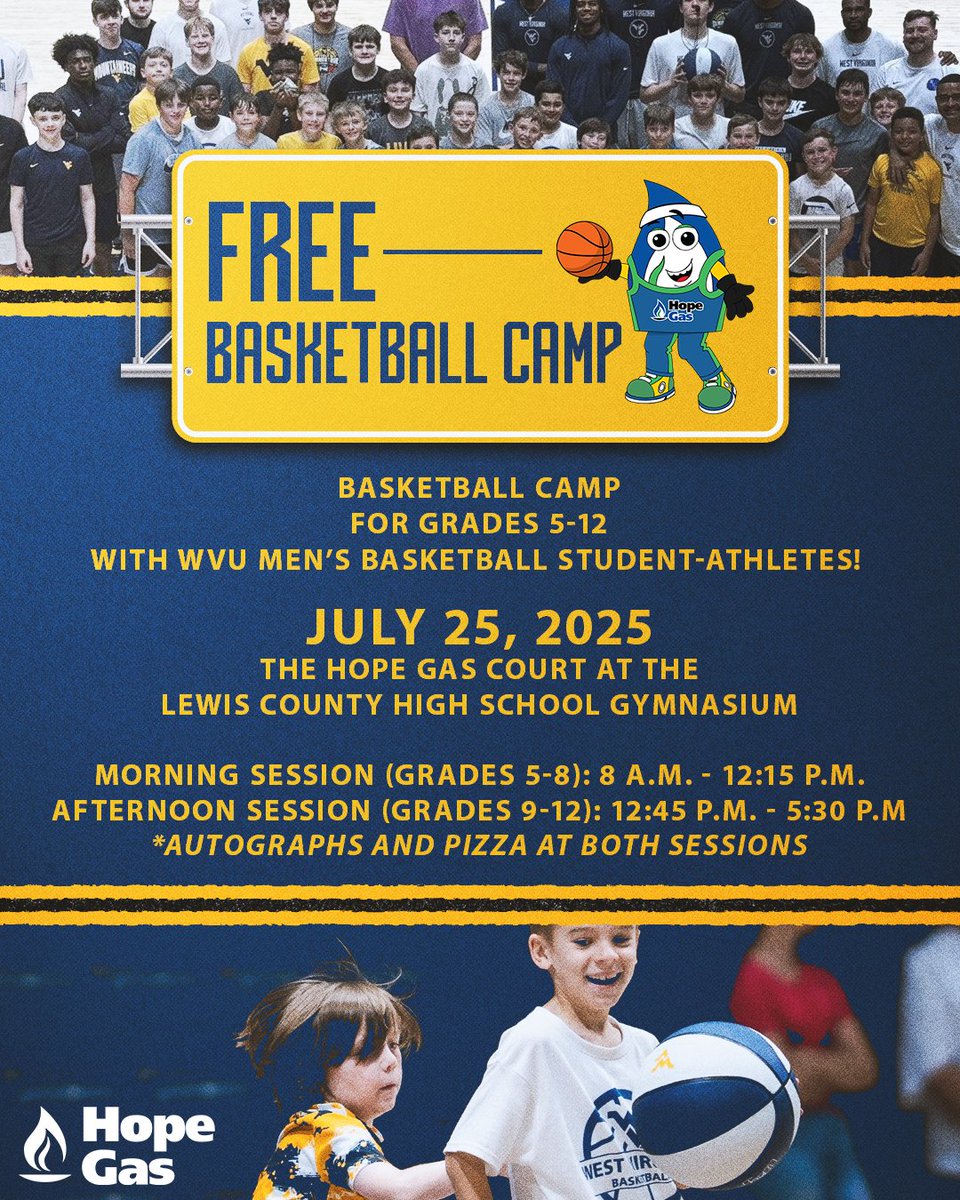 WVUhoops's tweet image. Join us for a 𝘧𝘳𝘦𝘦 youth basketball camp with the Mountaineers, presented by @hopegas!
📅 Friday, July 25
🏫 Lewis County HS
➡️ app.wvusports.com/2025-hope-gas-…