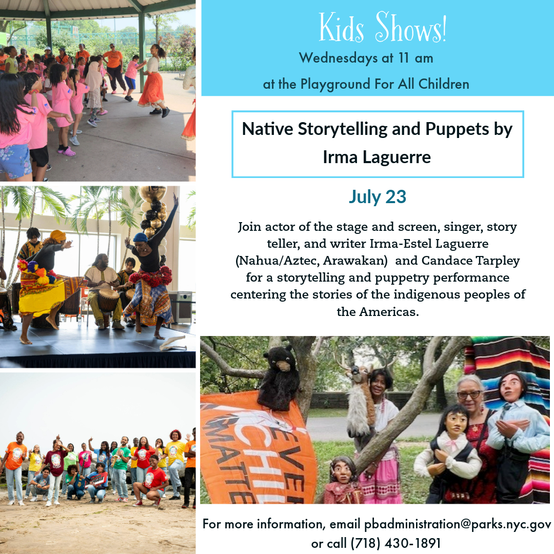 Join us under the gazebo on Wednesday (7/23) for a fun puppetry experience with acclaimed artist Irma Laguerre!

Playground for All Children, Pelham Bay Park
11 am