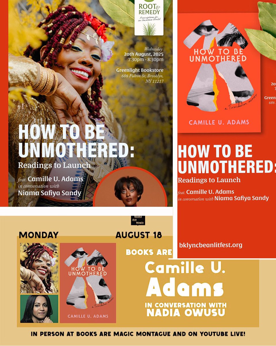 Camille_U_Adams's tweet image. Today is exactly one month until my pub date on August 19th!
Here are the 2 live and live-streamed Brooklyn events on the 18th and the 20th where I’ll be launching HOW TO BE UNMOTHERED: a Trinidadian memoir 🇹🇹🎉
RSVPs
1. eventbrite.com/e/in-store-cam…
2. eventbrite.com/e/book-event-c…